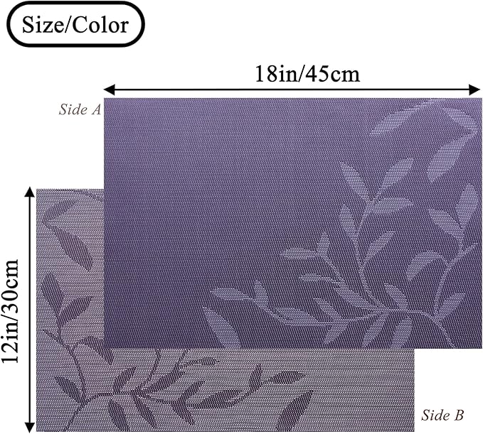 Leaf Placemats Set of 8 Non-Slip Heat-Resistant Vinyl Washable Place Mats for Kitchen Table Indoor Outdoor Durable (18"x12", Purple)