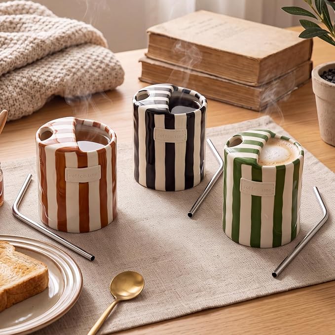 10oz Ceramic Coffee Mug Set of 3 Retro Striped Coffee Cups - Image 6