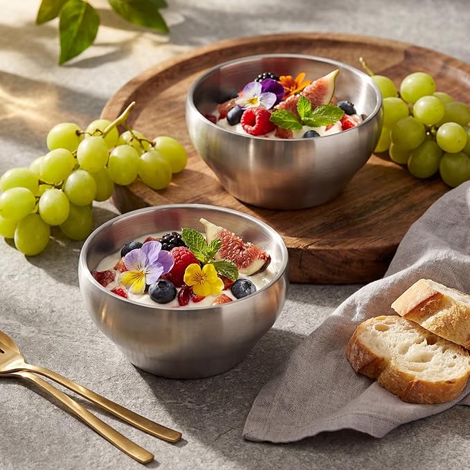 12 Pack Stainless Steel Bowls Bulk SUS304 Double Wall Insulated Bowls Matte Brushed Metal Soup Bowl for Rice Salad Noodle Snack Cereal Ice Cream Serving Mixing Prep(24 oz)