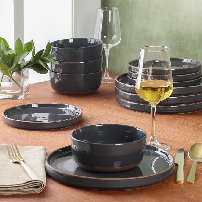 Gibson Elite Northrock Stoneware Dinnerware Set, 12-Piece Service for 4 Plates and Bowls Set – Charcoal Blue Dishes with Hand-Painted Terracotta Base