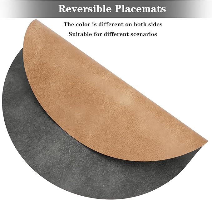 Round Placemats and Coasters Set of 4, Washable Reversible Faux Leather Placemats Cowhide Pattern Place Mats Wipeable Non-Slip 15 inch Round Kitchen Dining Table Mats (Gray Tan, 4)