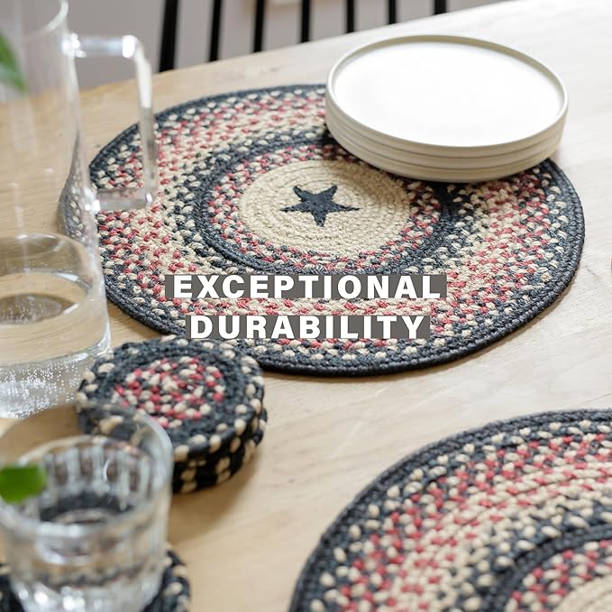 Homespice Primitive Star Gloucester Jute Braided Trivets for Table - Set of 3, Round 8", Black & Red - Rich Colors, Easy to Clean, Durable and Protects Furniture