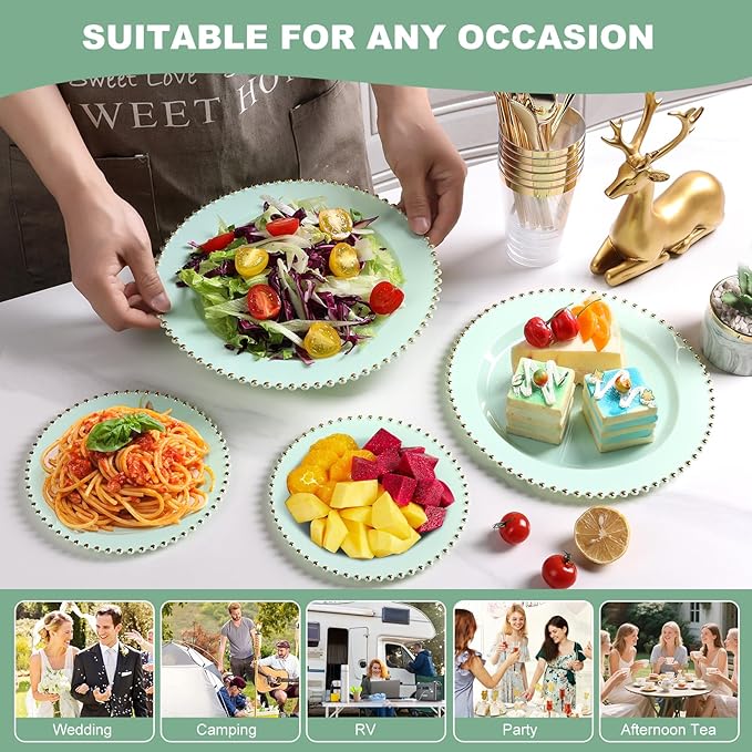 EI 60pcs Green Plastic Plates with Gold Rim,Disposable Heavy Duty Sage Green and Gold 10.25" Dinner & 7.5" Dessert Plastic Plate for Birthday,Afternoon Tea,Wedding,Spring,Valentine's Day,Easter