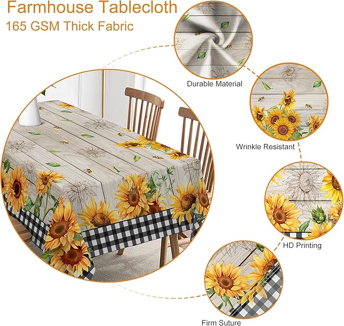 Sunflower Tablecloth 60 Inch Round, Farmhouse Bee Decor Black White Buffalo Check Table Cloth for Party Dining Room