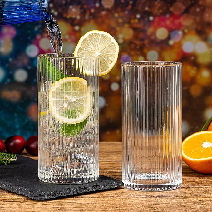 Ribbed Glassware Vintage Drinking Glasses 6Pcs -13OZ Clear Ribbed Drinking - Image 2