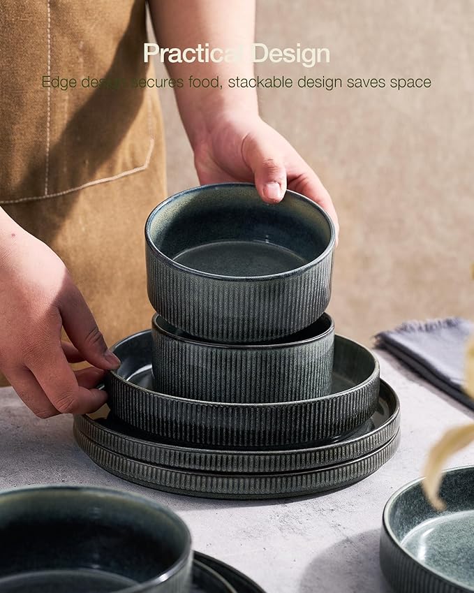 famiware Star Dinnerware Set, Plates and Bowls Sets for 6 (18pcs), Ribbed Stoneware Dishes - Chip & Scratch Resistant, Microwave & Dishwasher Safe Kitchenware, Deep Forest