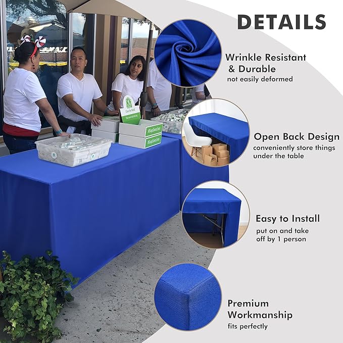 Nasitos 2 Pack Royal Blue 6ft Table Cloth Fitted-Open Back Folding Table Cover Washable Fabric and Wrinkle Resistant Table Cloth for Trade Show, Book Fair, Career Fair, Convention, Events
