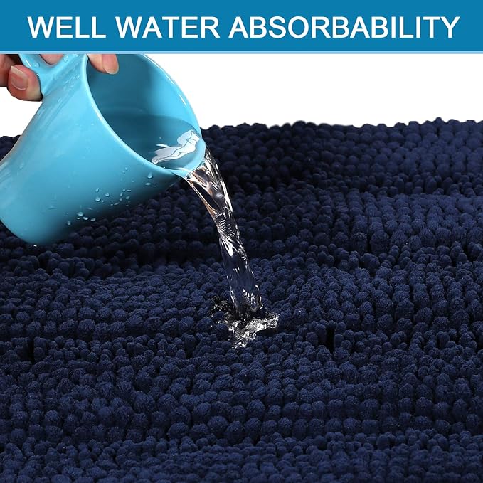 H.VERSAILTEX Navy Blue Bathroom Rugs 2 Piece, Bath Mat Set Slip-Resistant Extra Absorbent Soft and Fluffy Striped Chenille Bath Rugs, Floor Mats Dry Fast Machine Washable (20" x 32"/17" x 24")