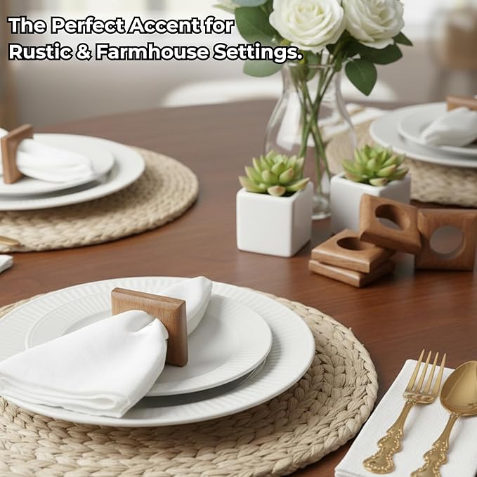 CLEENTABLE Wooden Napkin Rings Set of 12 Fall Decor for Home Square Acacia Wood Napkin Holders for Dining Table Settings Napkin Ring Rustic Table Décor for Weddings, Parties, Everyday Use (Brown)