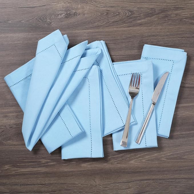 Bedding Craft Cloth Dinner Napkins Set of 12 – 18x18 Airy Blue Linen-Look Hemstitched – Soft Machine Washable Reusable Napkins for Weddings, Parties & Elegant Table Settings