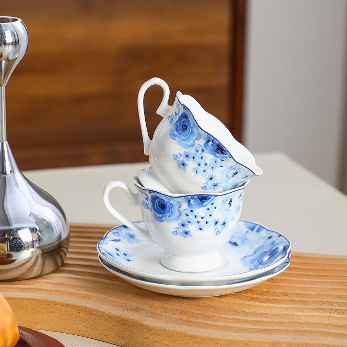 2.5oz Porcelain Demitasse Set of 6, 75ml Espresso Cup | Classic blue floral - Image 8