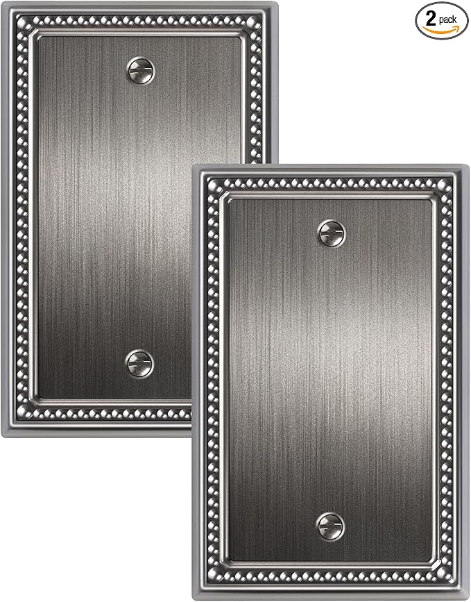 2-Pack Blank Outlet Cover Wall Plate, Metal Switch Plates Outlet Covers, Antique Silver Pearls Beaded Decorative Wall Plates for Electrical Outlets
