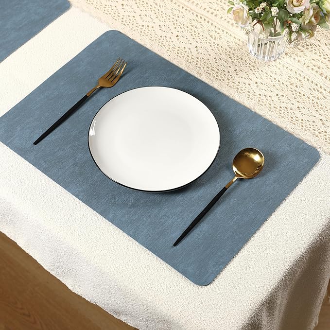Blue Reversible Faux Leather Placemats – Set of 6 Waterproof, Heat-Resistant & Easy-to-Clean Table Mats for Modern Dining