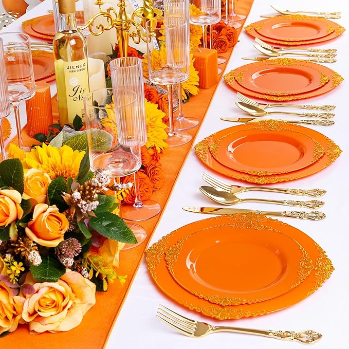 102PCS Orange Plastic Plates - Orange and Gold Disposable Plates - Party Plate with Gold Rim - Vintage Disposable Plate Serving for 51Guests for Party & Wedding