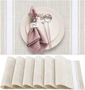 DACHUI Placemats Set of 6, Soft & Elegant Woven Vinyl Place Mats, Water Resistant, Heat Resistant, Washable, Durable Table Mats (White Stripes)
