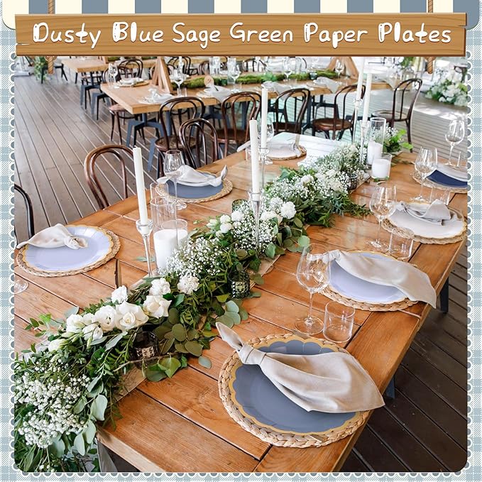 96 Pcs Dusty Blue Sage Green Paper Plates 9 Inch Green Blue Scalloped Paper Disposable Dinner Dessert Plates for Birthday Wedding Bridal Party Supplies, 6 Colors