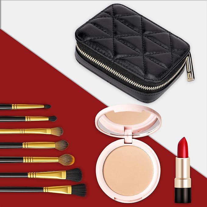Lipstick Holder with Mirror for Purse, Genuine Leather Makeup Case, Compact Zippered Travel Cosmetic Organizer, Black
