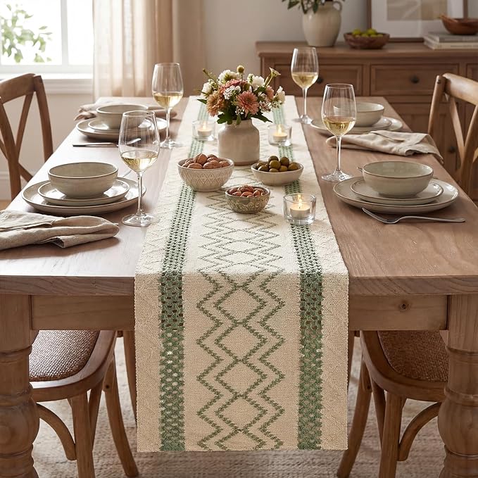 Artoid Mode Sage Green Stripe Diamond Woven Table Runner 12x60 Inch | Holiday - Image 2
