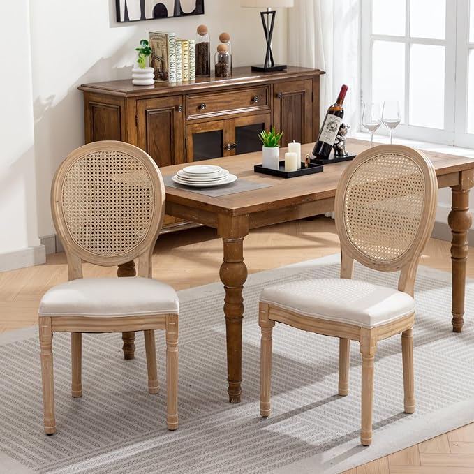 Vintage French Rattan Dining Chairs Set of 8, Solid Wood Frame with Round Rattan Back and Linen Upholstered Seat, Farmhouse Accent Sillas de Comedor Side Chairs for Dining Room & Kitchen, Beige