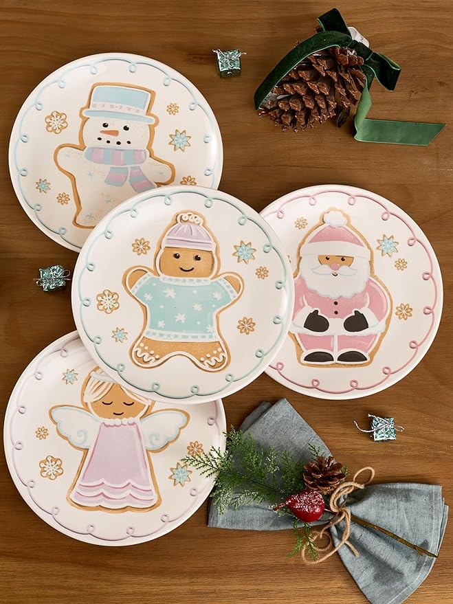 Bico Pastel Gingerbread Man Salad Plates Set of 4, 8.75 Inch Ceramic Dessert Plates for Salad, Appetizer, Side Dishes, Microwave and Dishwasher Safe, Gift for Housewarming and Christmas