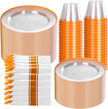 SUT 350Pcs Orange and Clear Plastic Dinnerware Set for 50 Guests, Include: 50 Dinner Plate, 50 Dessert Plates, 50 Pre Rolled Napkins With Silverware, 50 Cups, Disposable Plates for Party