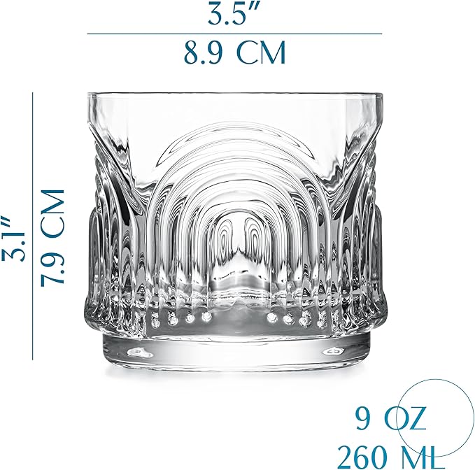 GLASSIQUE CADEAU Vintage Art Deco 1920s Lowball Cocktail Glasses | Set of 4 | 9 oz Crystal Old Fashioned Glassware for Drinking Classic Bar Drinks | Heavy Base Short Rocks Tumblers for Women