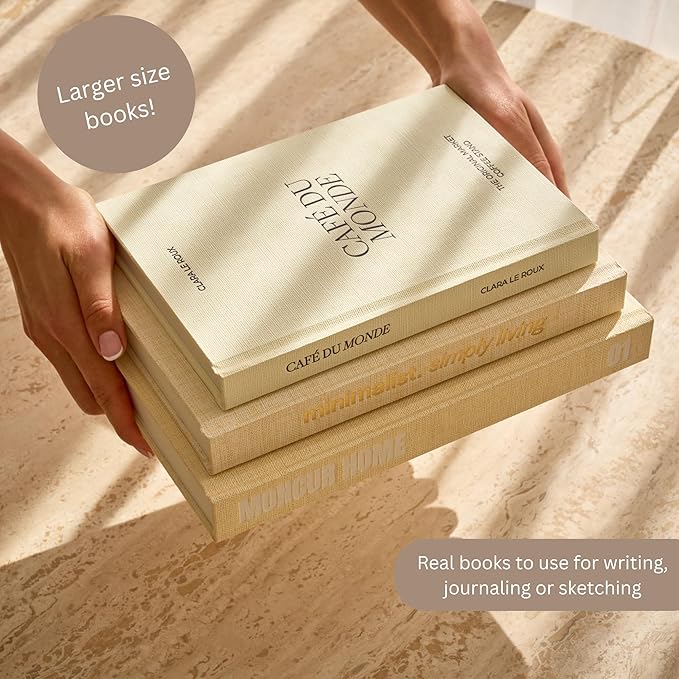 Decorative Coffee Table Books Set of 3 – Neutral Home Décor Beige Hardcovers with Removable Black & White Covers, Real Blank Pages, Modern Room Décor Aesthetic Faux Books for Shelf & Table Styling