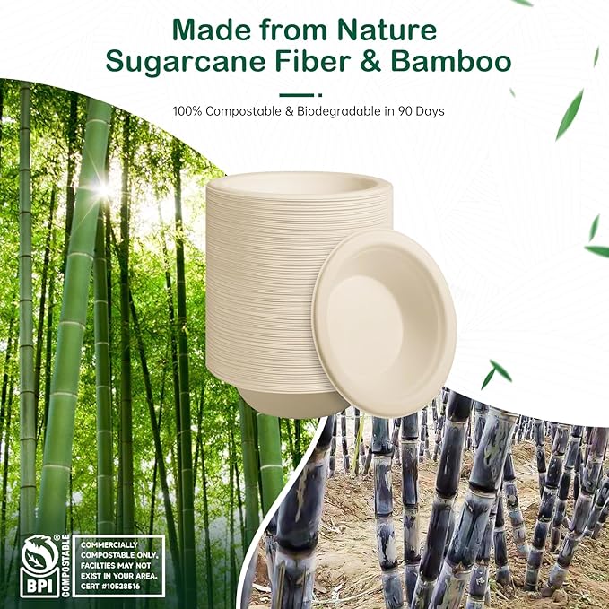 𝟭𝟮 𝗼𝘇, 𝟭𝟮𝟴-𝗣𝗮𝗰𝗸 Compostable Paper Bowls, Heavy-Duty Biodegradable Disposable Bowls Made from Bagasse, Eco-Friendly, Microwave & Freezer Safe (Natural)