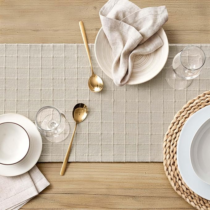Artisanal Grid Linen Table Runner, 13x36 Inches Neutral Beige | Heavy Textured - Image 5