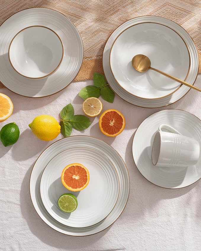 Famiware Jupiter Dinnerware Set, Plates and Bowls Dish Sets for 8 (24 Pieces), Microwave and Dishwasher Safe Stoneware Speckled Tableware, Chip and Scratch Resistant, White