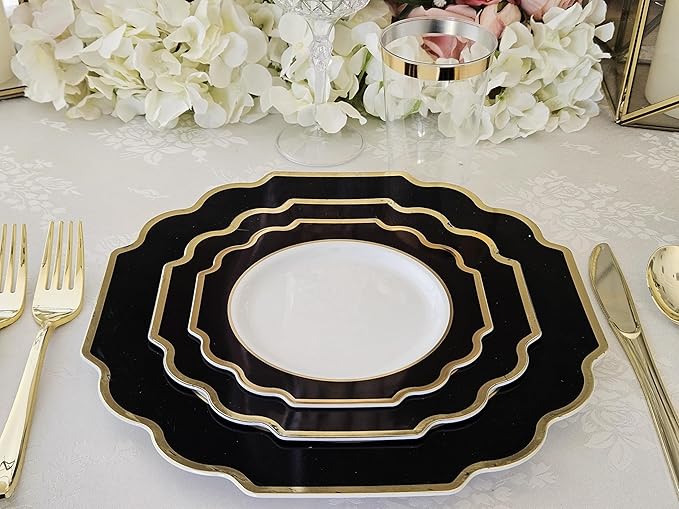 " OCCASIONS " 120 Plates Pack,(60 Guests) Heavyweight Premium Wedding Party Disposable Plastic Plates Set -60 x 10.5'' Dinner + 60 x 8'' Salad/Dessert (Imperial in Black & Gold)