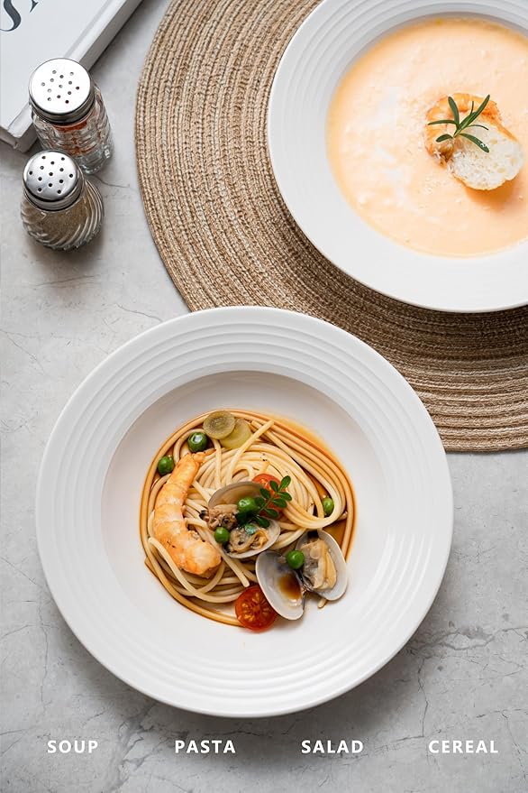 8.7-inch Wide Rim Ceramic Soup Bowl - Lead-Free White Pasta Bowls for Spaghetti, Salad, Stew, Rice Microwave & Dishwasher Safe - Scratch-Resistant & Heatproof Design Set of 4