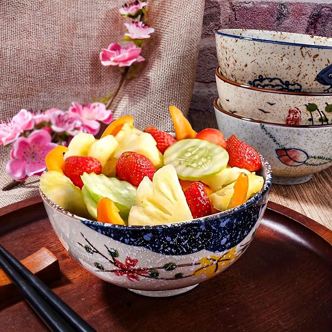 Japanese Retro Rice Bowls Set of 4 Hand-Painted Floral Design Ceramic Soup - Image 5