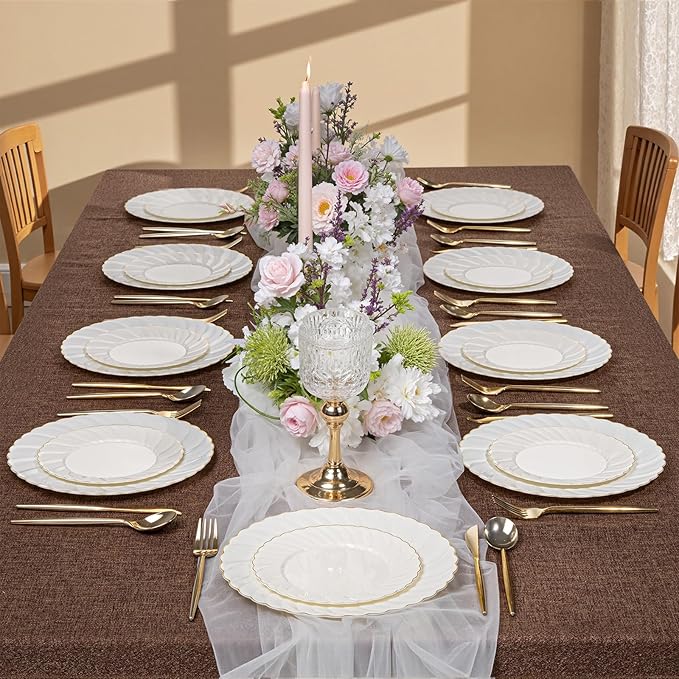 U-QE 60 Pcs Ivory Plastic Plates with Gold Trim – Scalloped Plate Disposable for Party - Elegant Plastic Plates Include 30 10.25" Dinner & 30 7.25" Dessert Plates for Party & Valentines Day