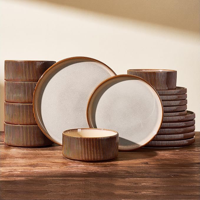 Dinnerware Set for 6, Ceramic Ribbed Plates, Dishes | 18-Piece Stoneware Dinner by FamiwarePremium