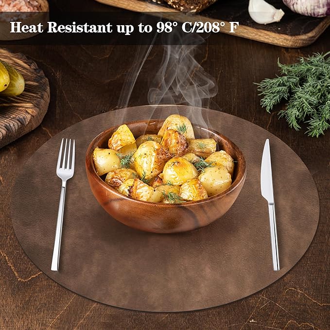 Round Placemats and Coasters Set of 4, Washable Reversible Faux Leather Placemats Cowhide Pattern Place Mats Wipeable Non-Slip 15 inch Round Kitchen Dining Table Mats (Gray Light Coffee, 4)