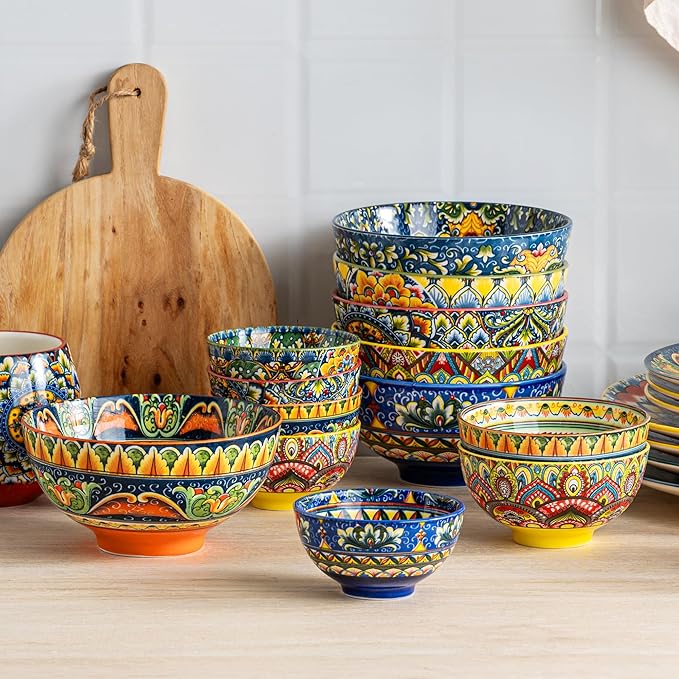 Henten Home Ceramic Dessert Bowls Set of 6, Bohemia 10 oz Snack Serving Bowl, Porcelain Colorful Bowls for Snack, Soup, Ice Cream, Decorative, Microwave & Dishwasher Safe