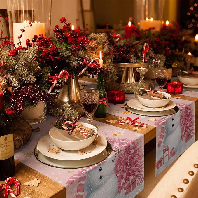 Pink Christmas Snowman Table Runners 90 Inches Long, Cotton Linen Fabric - Image 2