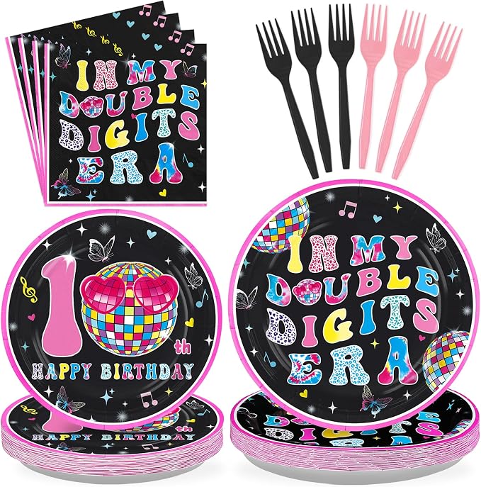 96 Pcs Pink and Black 10th Birthday Party Decoration Serves 24 | In My Double by Greencian