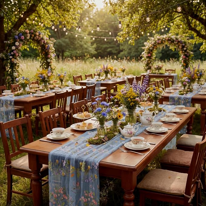 Blue Floral Table Runner 10ft Embroidery Tulle Spring Wildflower Table Runner - Image 8