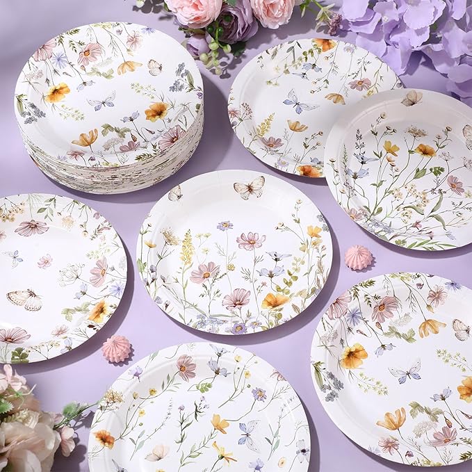 60 Pcs 7 Inch Floral Party Plates Wildflower Paper Plates Spring Summer Disposable Dinnerware Decoration for Tea Party Dinner Birthday Baby Shower Bridal Wedding Supplies