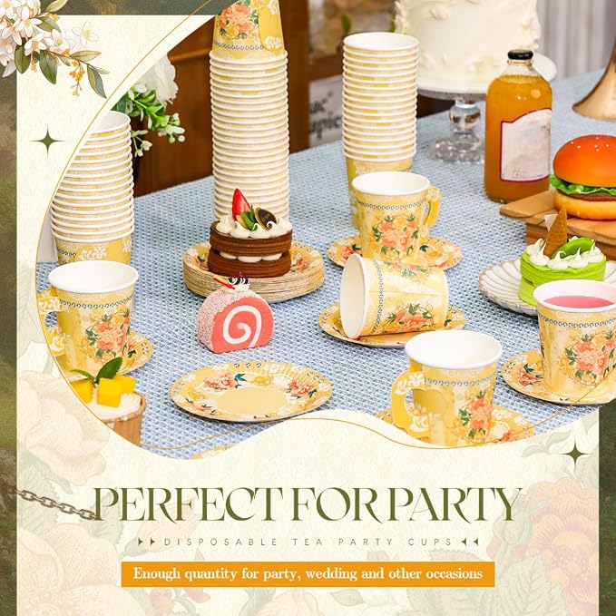 Nuogo 200 Pcs Floral Paper Tea Cups and Saucers 7 oz Disposable Paper Teacups - Image 5