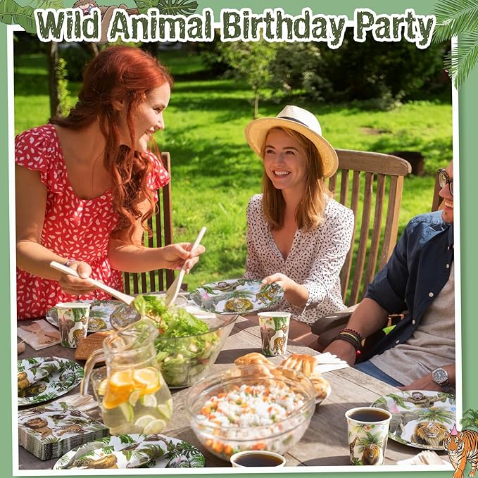 Pickmesh 250 Pcs Jungle Birthday Disposable Tableware Set Safari Animals Themed Disposable Paper Plates Napkins and Cups for Wild Animals Zoo Safari Baby Shower Birthday Wedding Party Supplies