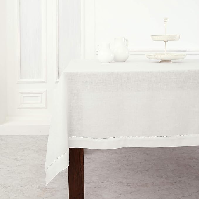 Solino Home Linen Tablecloth for Rectangle Tables 60 x 84 Inch - Classic Hemstitch 100% Pure Linen White Table Cloth - Machine Washable Cloth Tablecloth for Winter, Valentines, Spring, Easter