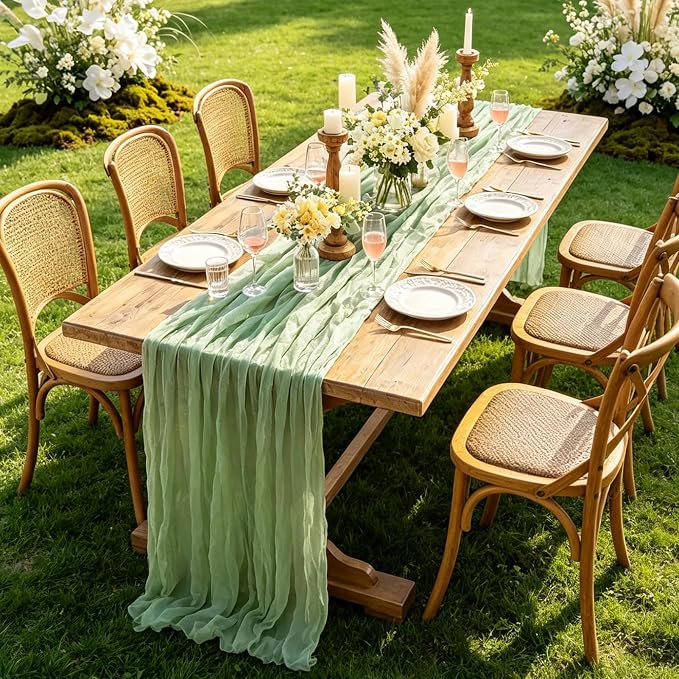 3Pcs Sage Green Cheesecloth Table Runner, 10FT Rustic Green Boho Gauze Table - Image 5