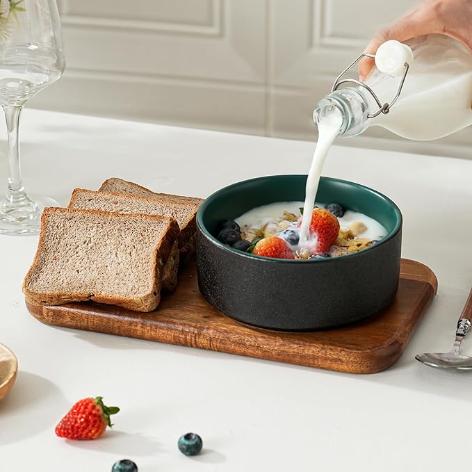 Stoneware Cereal Bowls Set of 4, 6 Inch Deep Bowl for Oatmeal, Soup, Ceramic Bowls Sets, Microwave Safe, Dishwasher Safe, Versatile for All Seasons, Matte Green