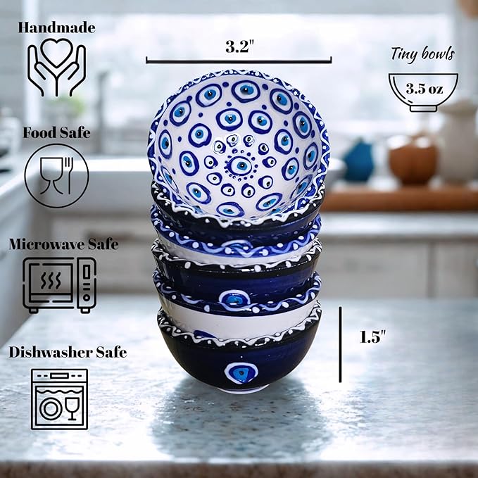 Handmade Decorative Turkish Ceramic Mini Pinch Bowls Set of 6 – Small Dipping & Serving Sauce Bowls, Charcuterie Accessories, Hand-Painted Evil Eye Pattern Snack Dishes for Kitchen & Table Decor