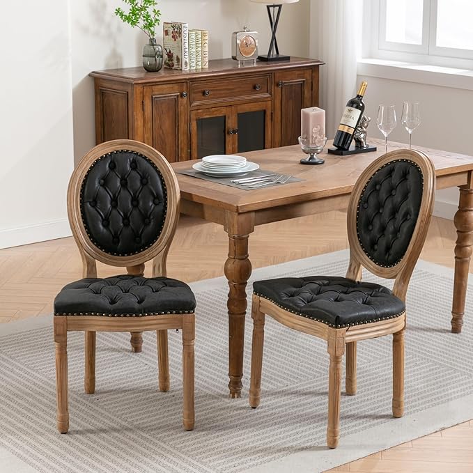Vintage French Dining Chairs Set of 8, Round Back PU Leather Upholstered Side Chairs with Nailhead Trim and Solid Wood Frame, Sillas de Comedor for Dining Room & Kitchen, Black