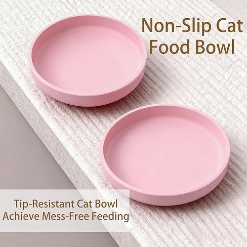 2 Pcs Silicone Cat Bowls Non-Slip Cat Dish for Dry & Wet Food Shallow Relief Whisker Fatigue Pet Bowl Set for Cats Small Dogs, Pink
