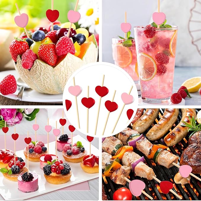 120 PCS Pink Love Heart Shaped Cocktail Picks, 4.7Inch Bamboo Fancy Toothpicks for Appetizers, Cocktail Skewers Sticks Selected for Weddings, Valentines Day, Desserts, Charcuterie, Food, Drinks
